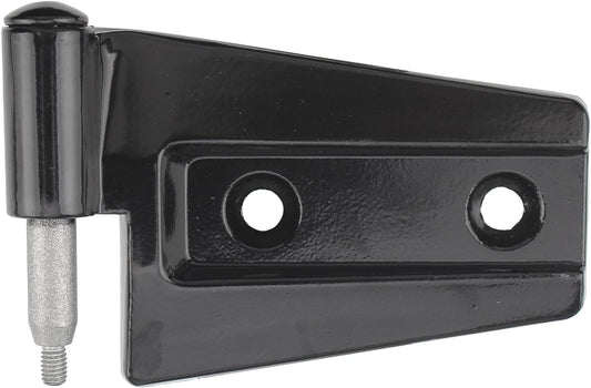 A black metal hinge bracket with a mounting plate, two pre-drilled holes, and a silver threaded stud on a plain white background.