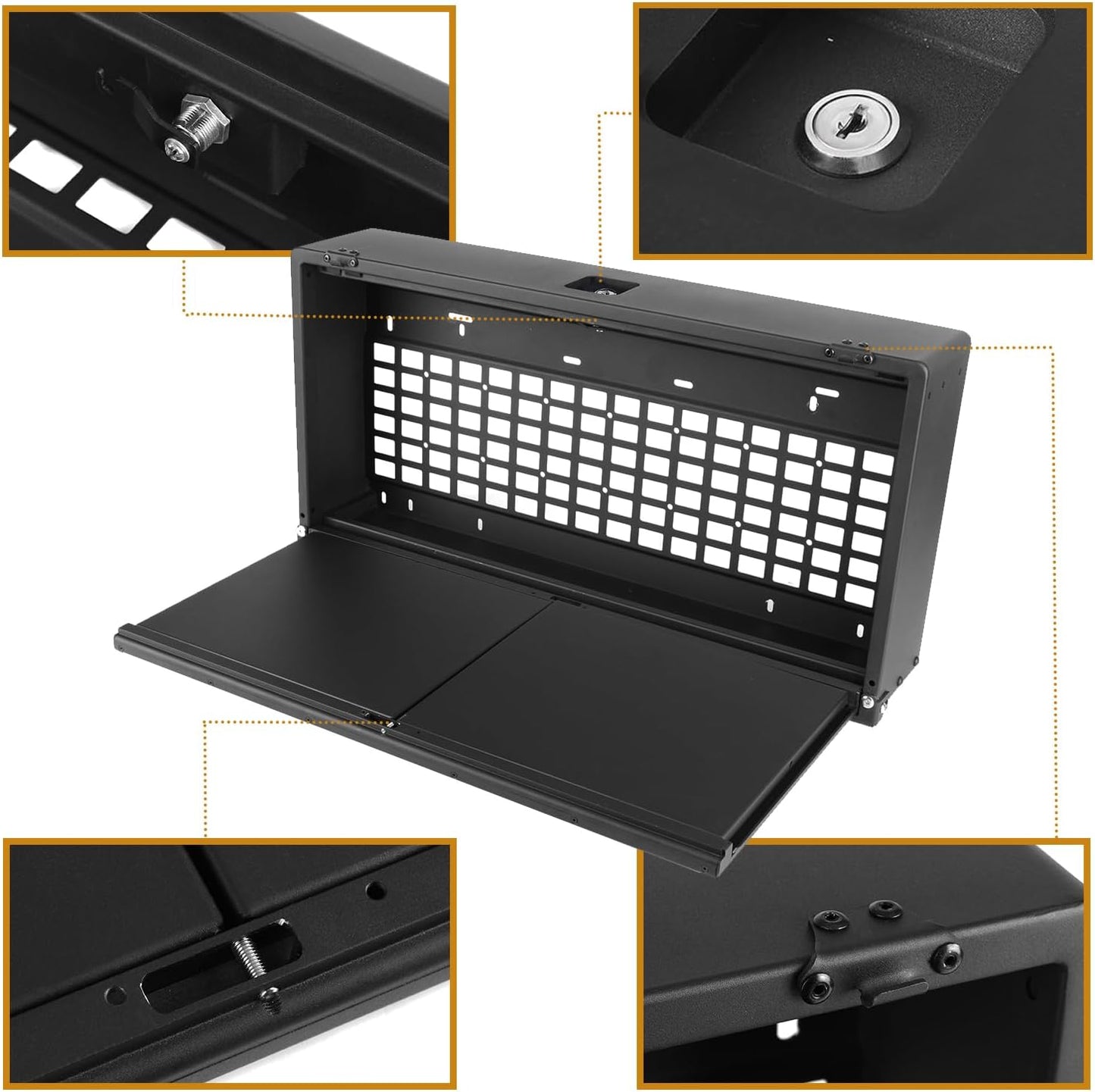 Black metal wall-mounted storage cabinet with a pull-out tray and front grid panel, shown open on a white background with four inset detail views highlighting features like the lock, grid, hinge, and mounting points.