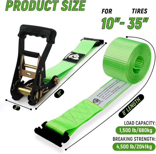 Towmax UTV Wheel Chock Tie-Down Kit, 2" x 8' E Track Ratchet Straps | 4,500lb Break Strength Heavy Duty Trailer Tire Straps System, Wheel Straps for UTV, SXS, ATV, Lawn Mower (2 Pack-Green)