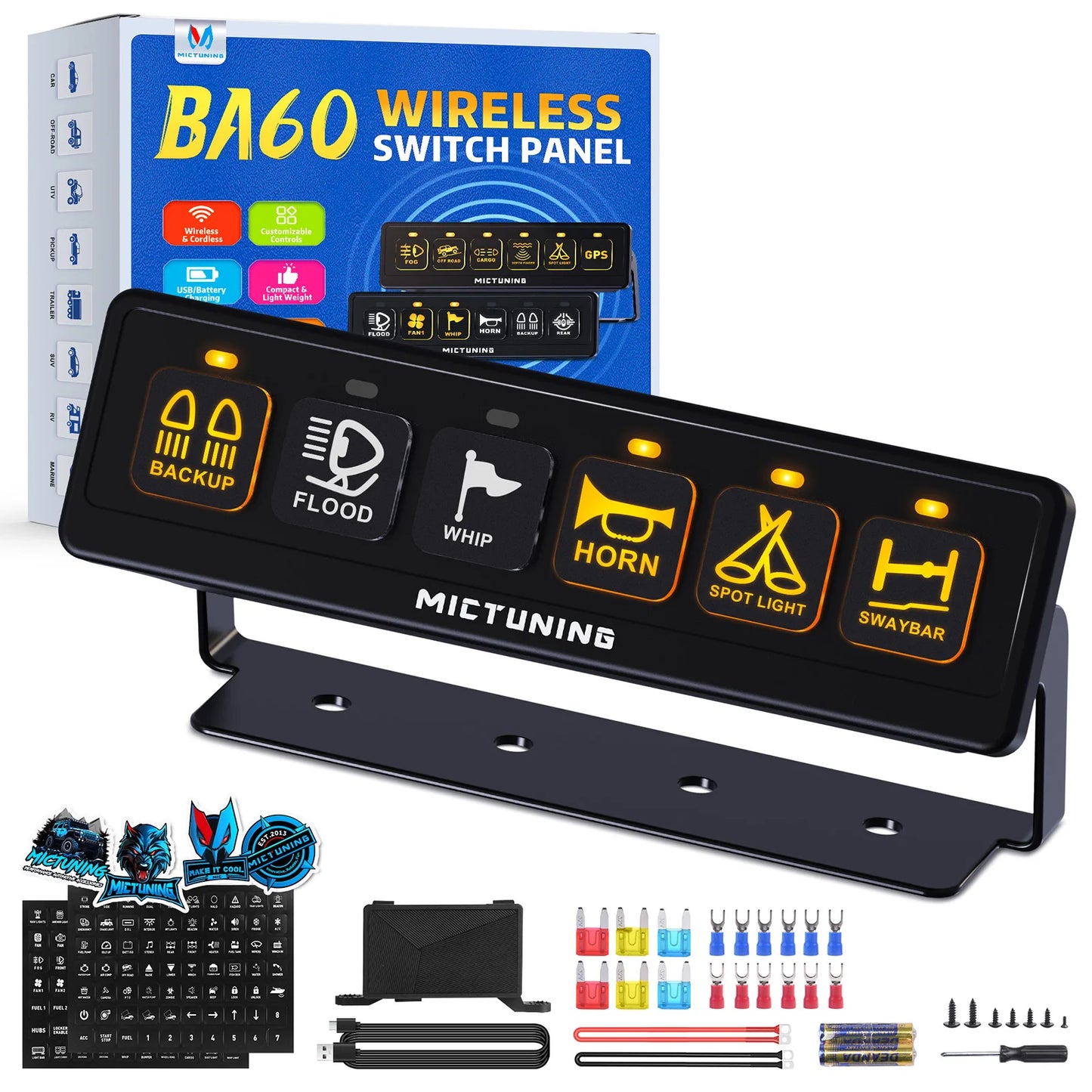 MICTUNING Wireless 6 Gang Switch Panel, with 2 Light Memory Function, 80A Circuit Control Relay Switch Box for 12V Truck SUV UTV