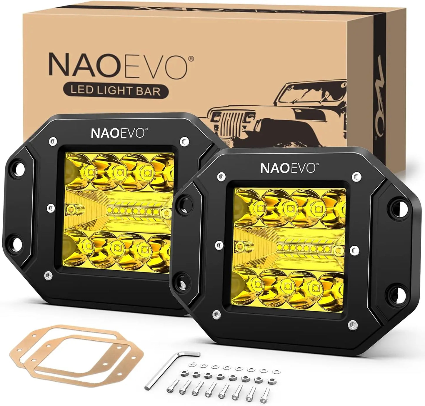 NAOEVO 5 Inch Flush Mount LED Pods Lights 40W 4000LM Spot Flood Combo LED Light Bar Offroad Driving Fog Lights LED Work Lights