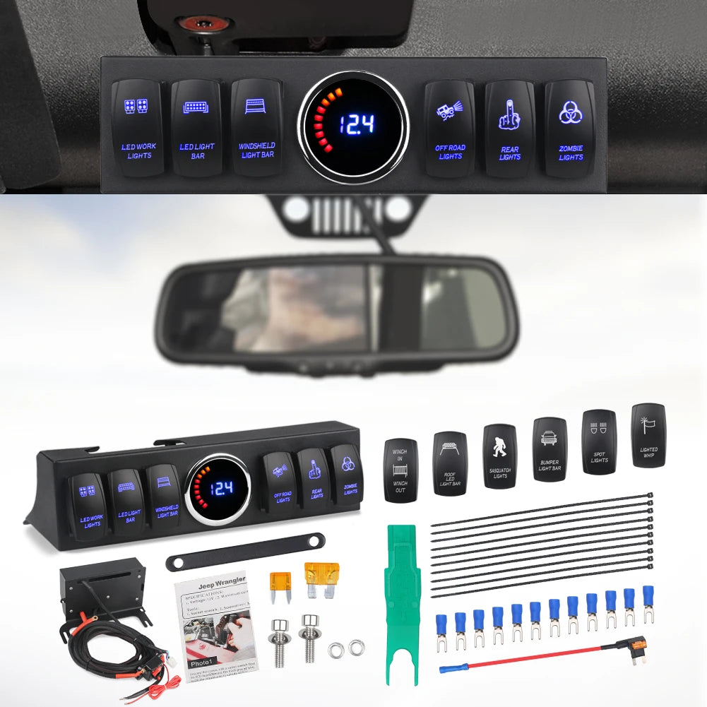 6 Gang Switch Panel for Jeep Wrangler JK 2007-2018 Switch Control System Box Wiring Harness Kit Voltage Meter Digital Display