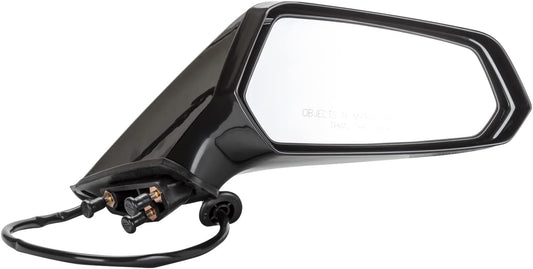 A black automotive side-view mirror with an integrated cable assembly and mounting hardware, shown against a plain white background.