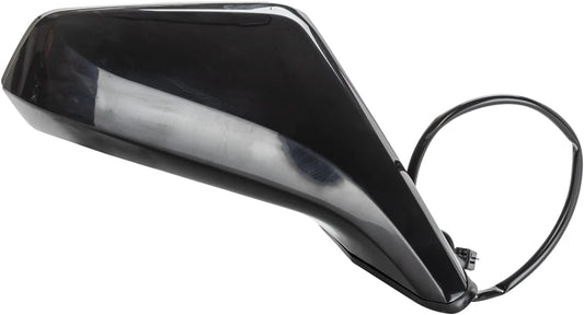 A glossy black car side-view mirror housing with an attached black wire harness, isolated on a white background.