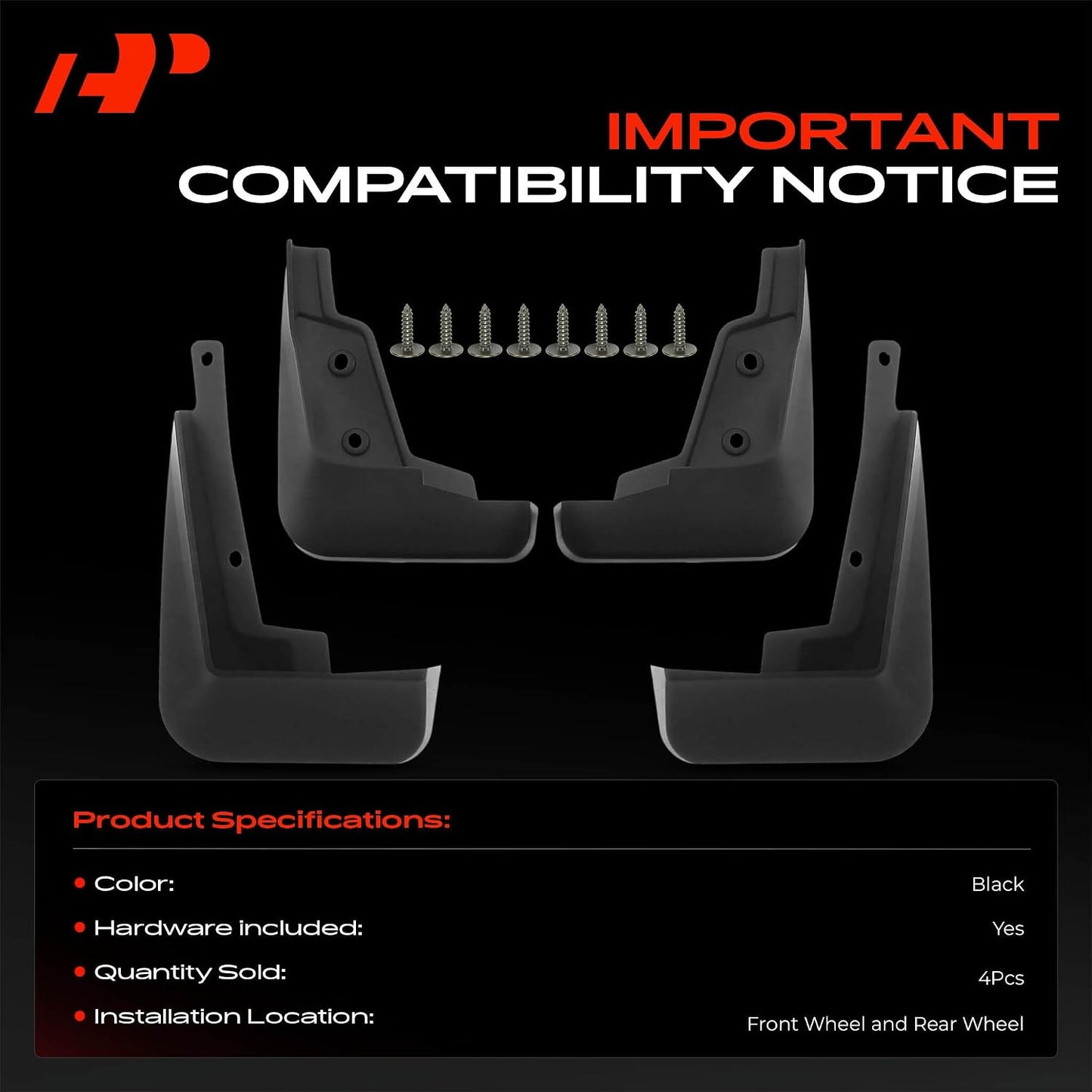 Black rubber front and rear wheel mudguards with a set of mounting screws, presented on a black background with a red and white compatibility notice and product specifications.