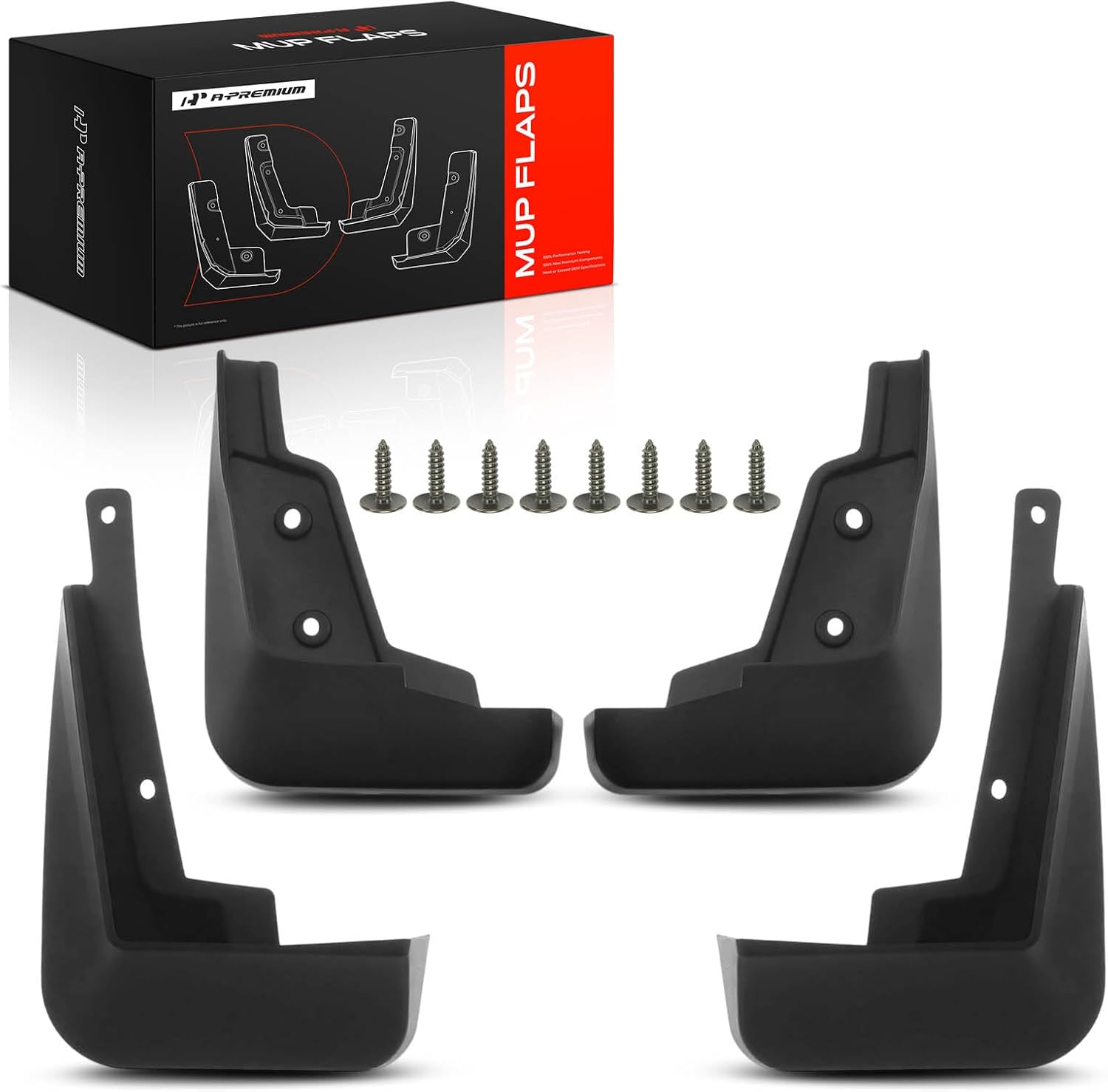Four black rubber mud flap covers with eight mounting screws, displayed in front of their black and red retail packaging box on a white background.