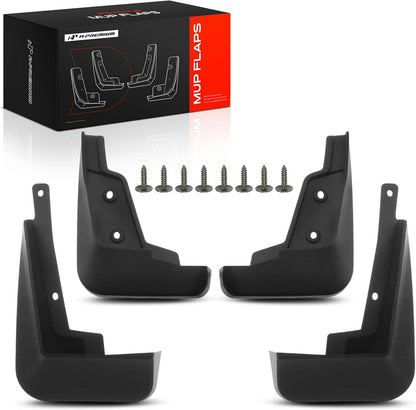 Four black rubber mud flap covers with eight mounting screws, displayed in front of their black and red retail packaging box on a white background.