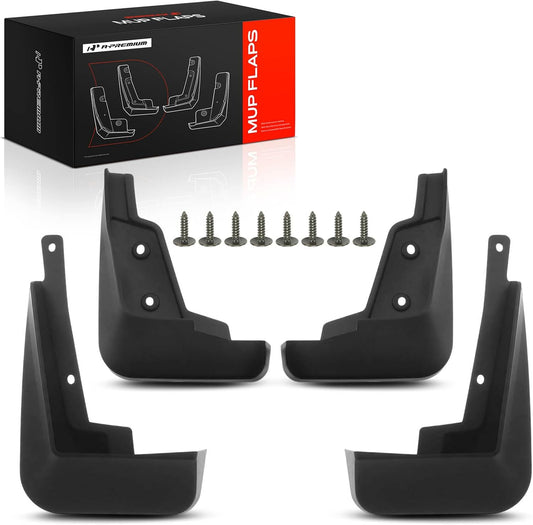 Four black rubber mud flap covers with eight mounting screws, displayed in front of their black and red retail packaging box on a white background.
