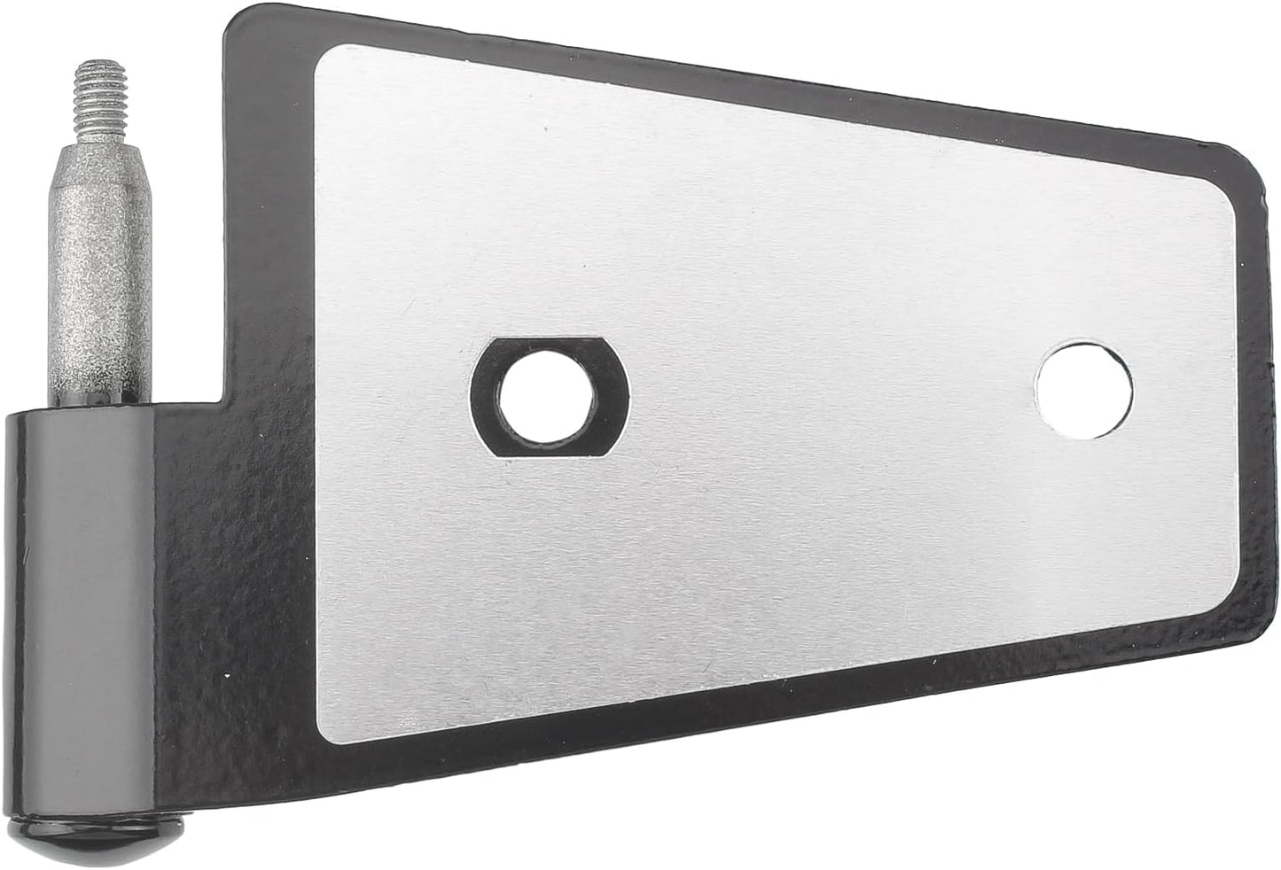A metal door hinge bracket with a brushed silver plate, black frame, and a threaded metal pin, shown on a plain white background.