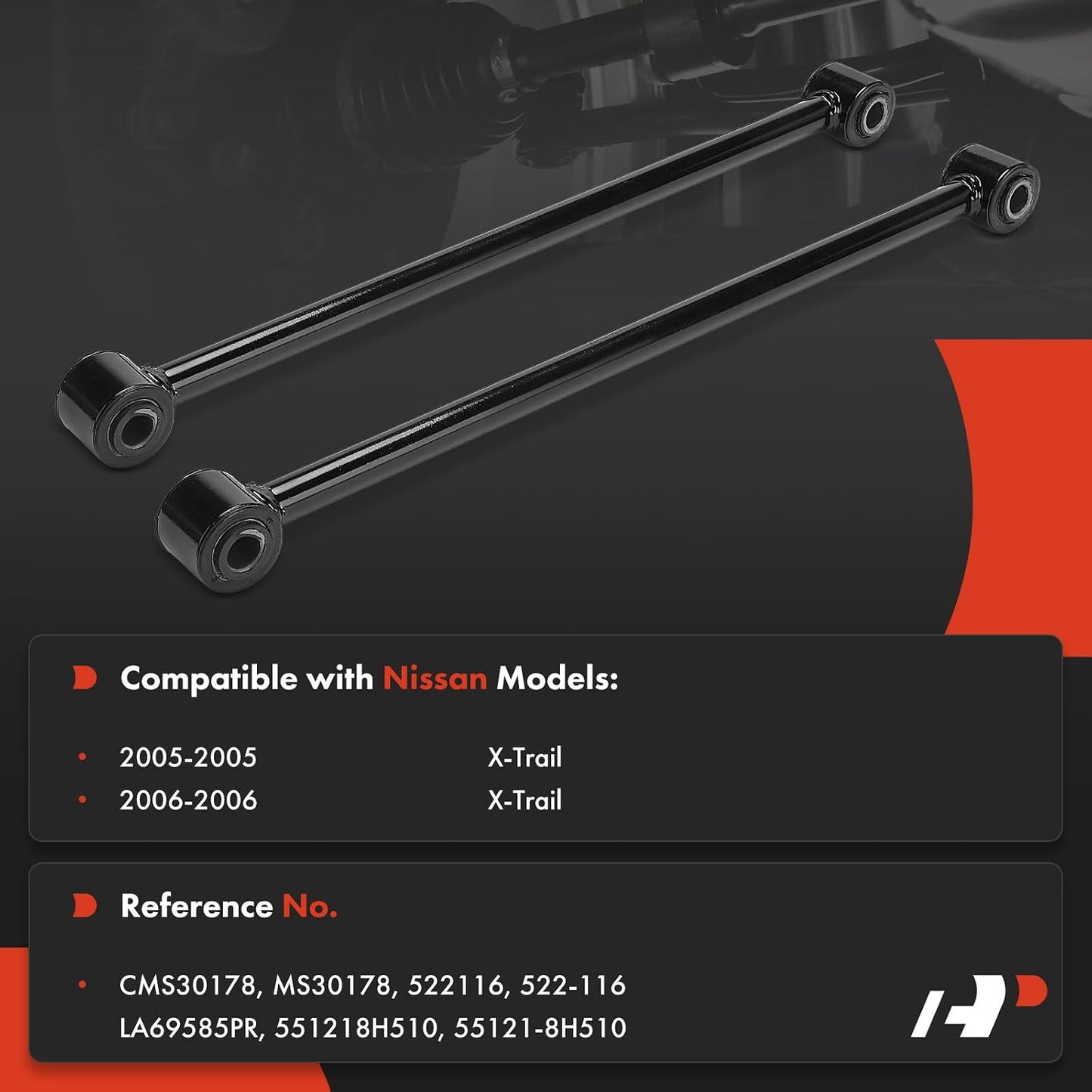 Black metal suspension control arms with ball joint ends, shown on a dark background with text listing compatibility with Nissan X-Trail models and reference numbers.
