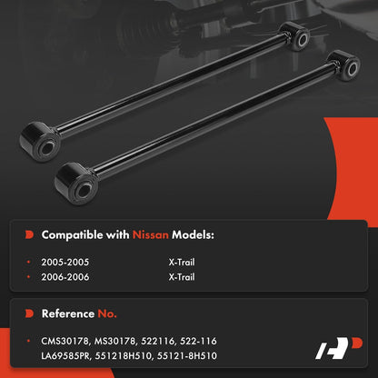 Black metal suspension control arms with ball joint ends, shown on a dark background with text listing compatibility with Nissan X-Trail models and reference numbers.