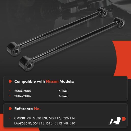 Black metal suspension control arms with ball joint ends, shown on a dark background with text listing compatibility with Nissan X-Trail models and reference numbers.