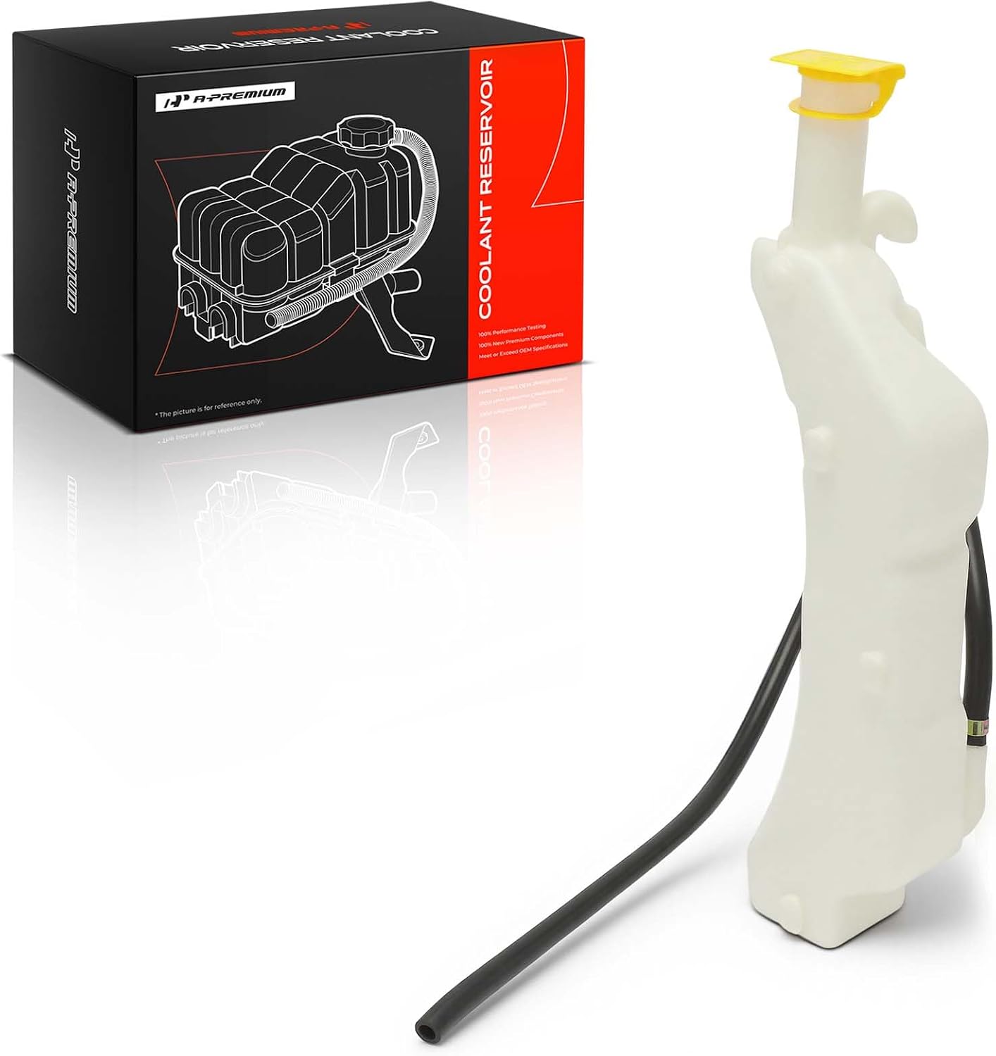 A white plastic Grand Caravan coolant reservoir tank with a black hose and yellow cap, shown next to its black and red packaging box on a white background.
