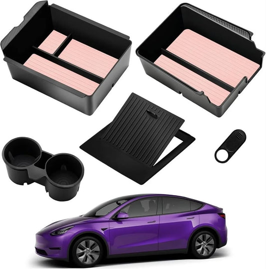 A set of black/Pink plastic car organizer accessories including two tray organizers with pink lining, a raised floor mat, two cup holders, and a keychain, shown alongside a purple Tesla model on a white background.