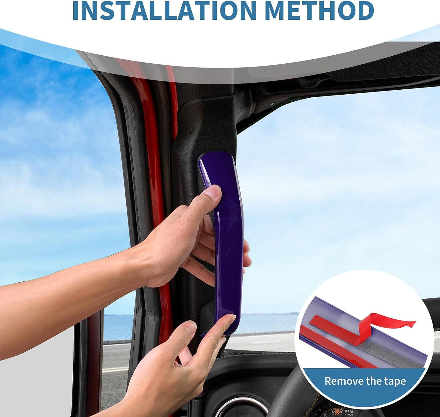 A person's hands are shown installing a glossy purple car interior handle inside a vehicle cabin. The image includes a text overlay reading 'INSTALLATION METHOD' and a circular inset diagram showing how to remove the protective tape from the handle.