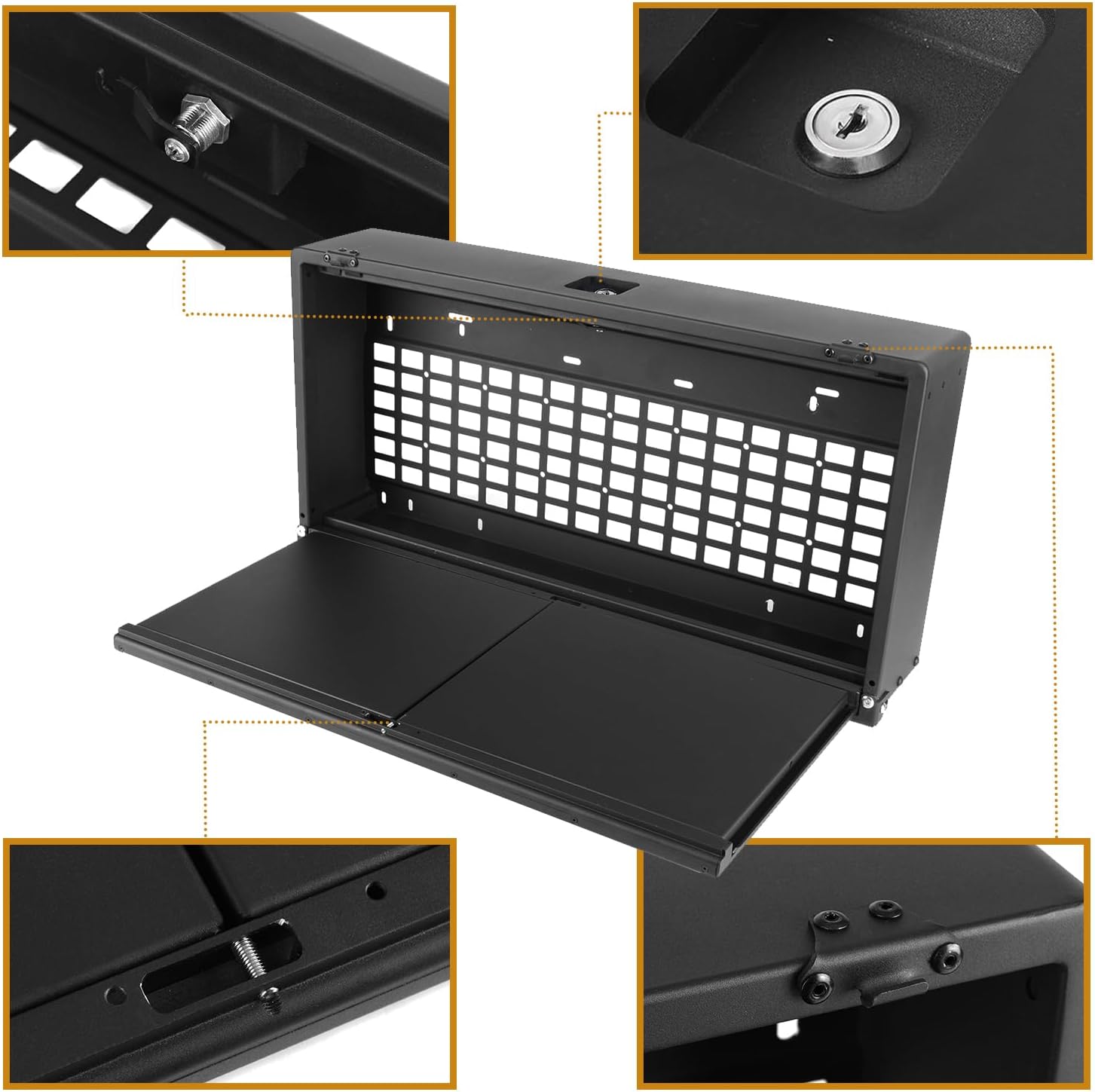 Black metal wall-mounted storage cabinet with a pull-out tray and front grid panel, shown open on a white background with four inset detail views highlighting features like the lock, grid, hinge, and mounting points.