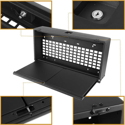 Black metal wall-mounted storage cabinet with a pull-out tray and front grid panel, shown open on a white background with four inset detail views highlighting features like the lock, grid, hinge, and mounting points.