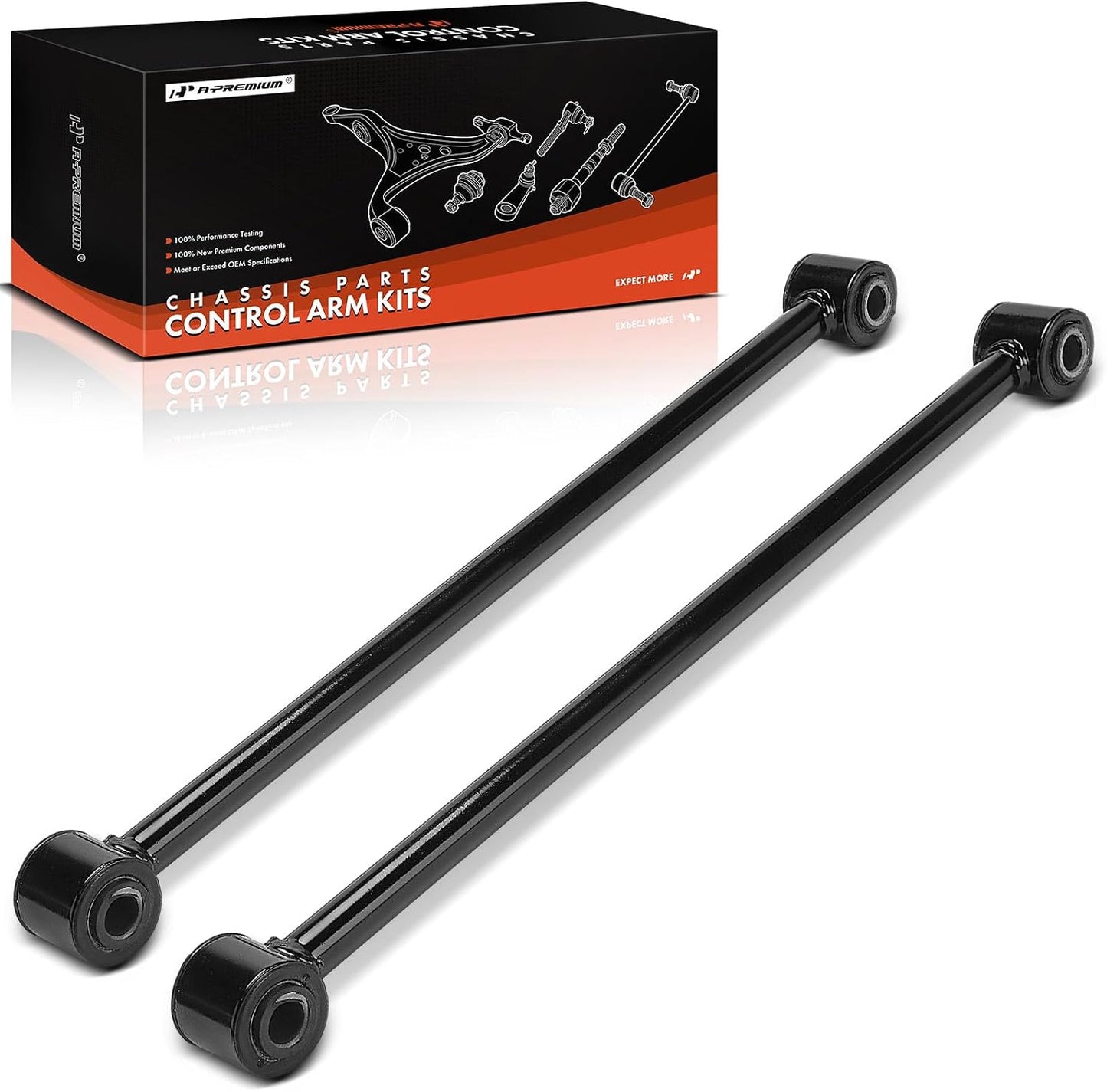 Two black control arm bushings with spherical joint ends displayed on a white reflective surface, with a branded product box in the upper left corner.