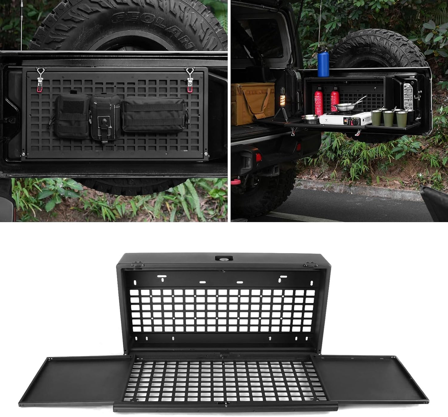 A black metal truck bed organizer rack shown both installed in a vehicle tailgate with outdoor context and as a standalone product on a white background.