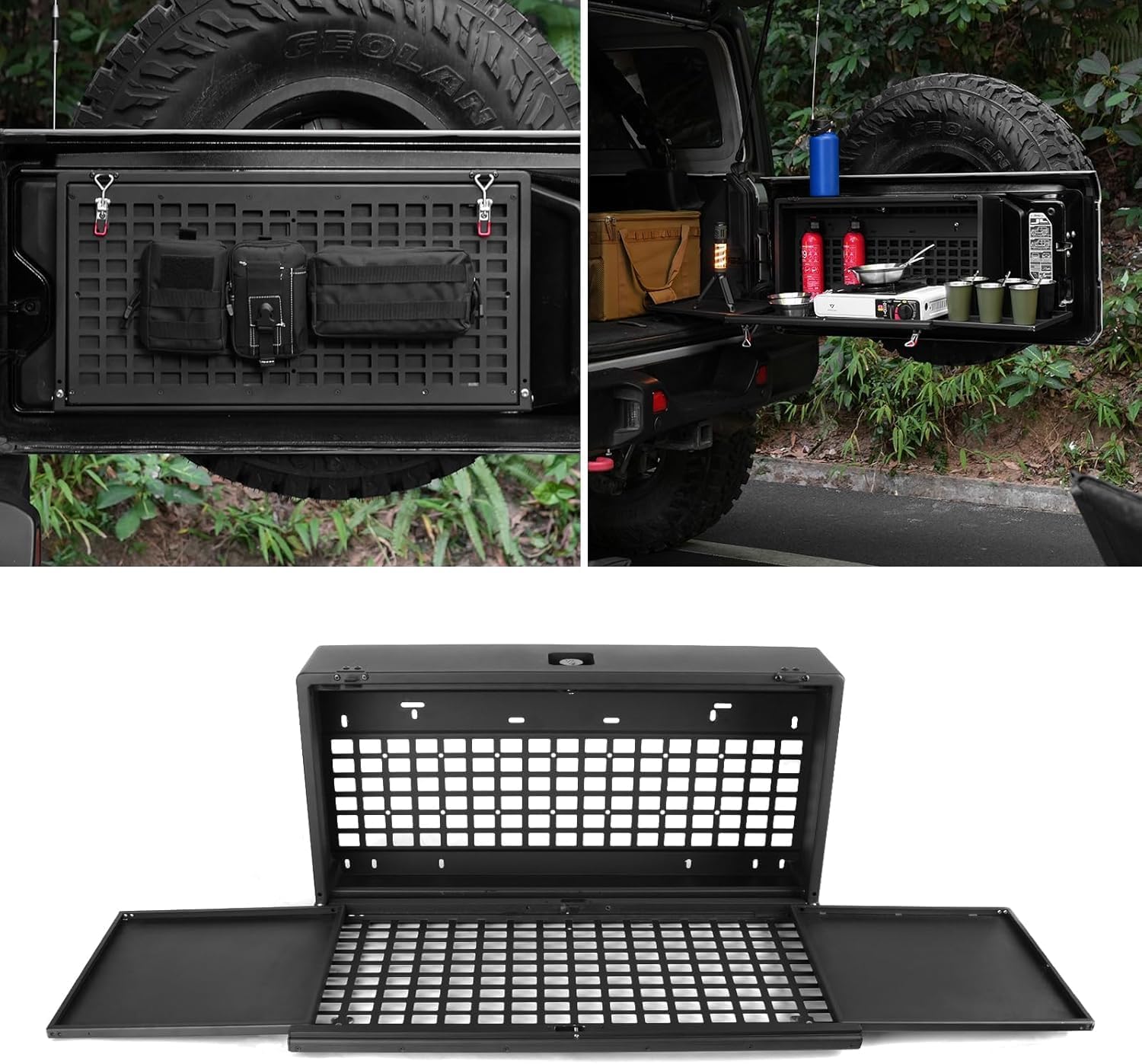 A black metal truck bed organizer rack shown both installed in a vehicle tailgate with outdoor context and as a standalone product on a white background.