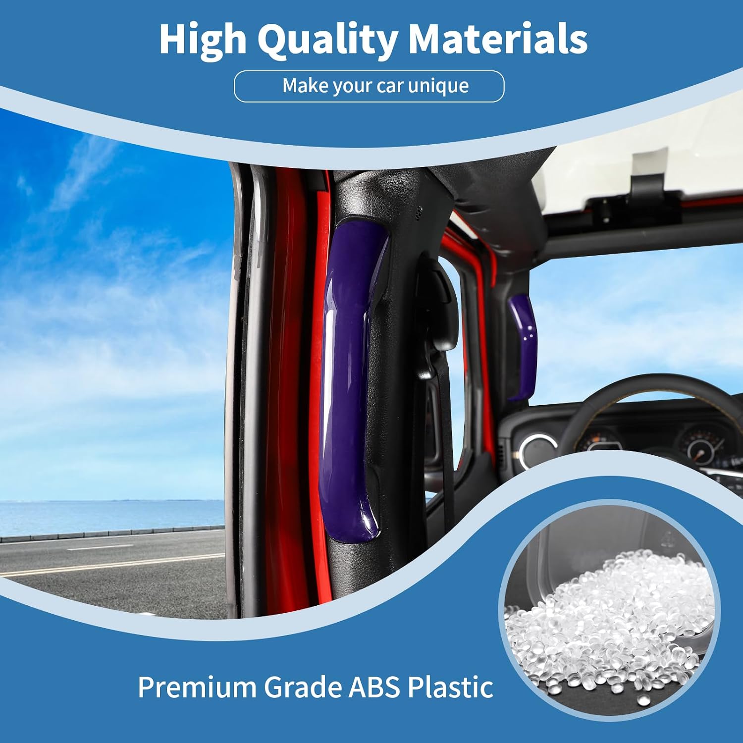 Car interior with colorful door handles and a purple overlay with text about high-quality materials.