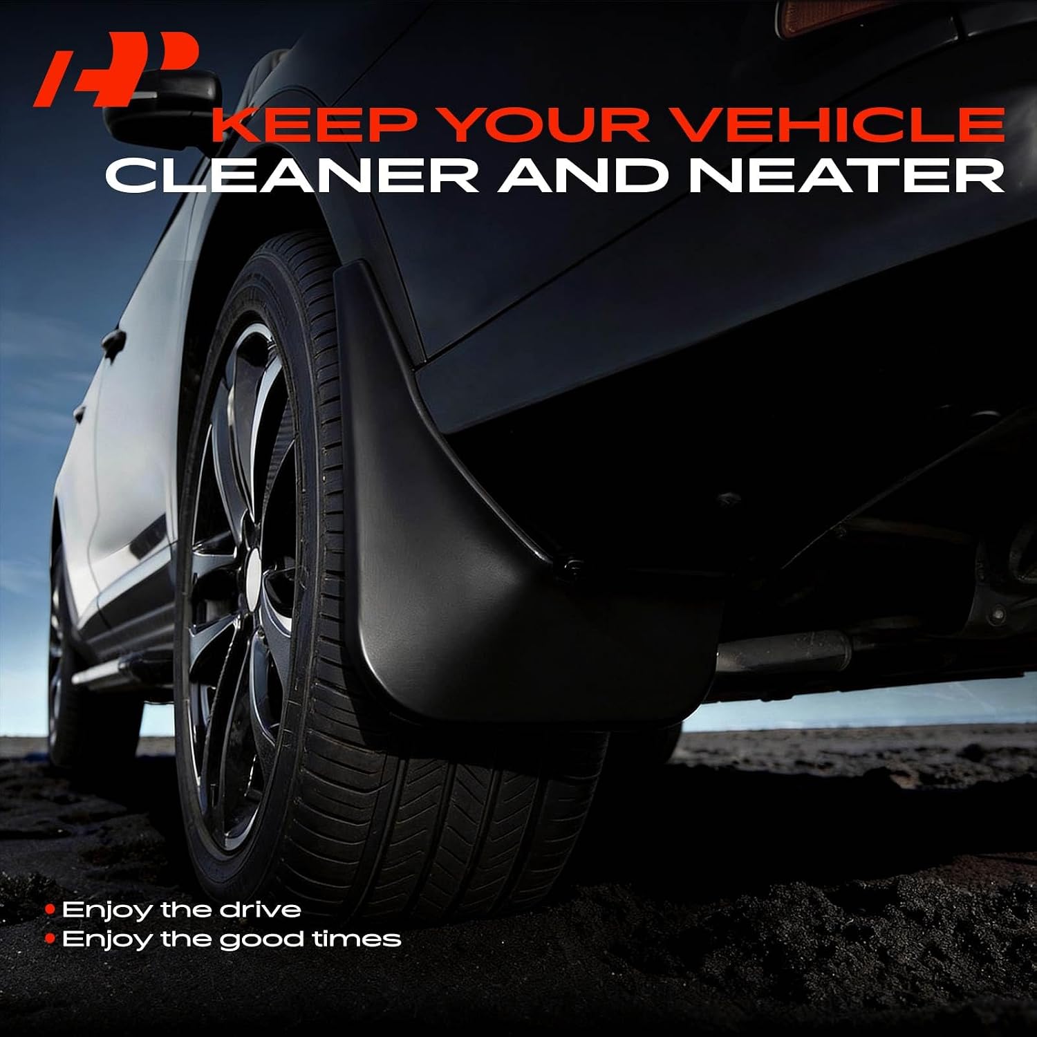 Black vehicle mudguard splash guard installed on the rear wheel well of a black SUV, shown outdoors on a dark ground surface under a blue sky. Prominent text reads 'KEEP YOUR VEHICLE CLEANER AND NEATER' with a stylized red and black logo in the top left.