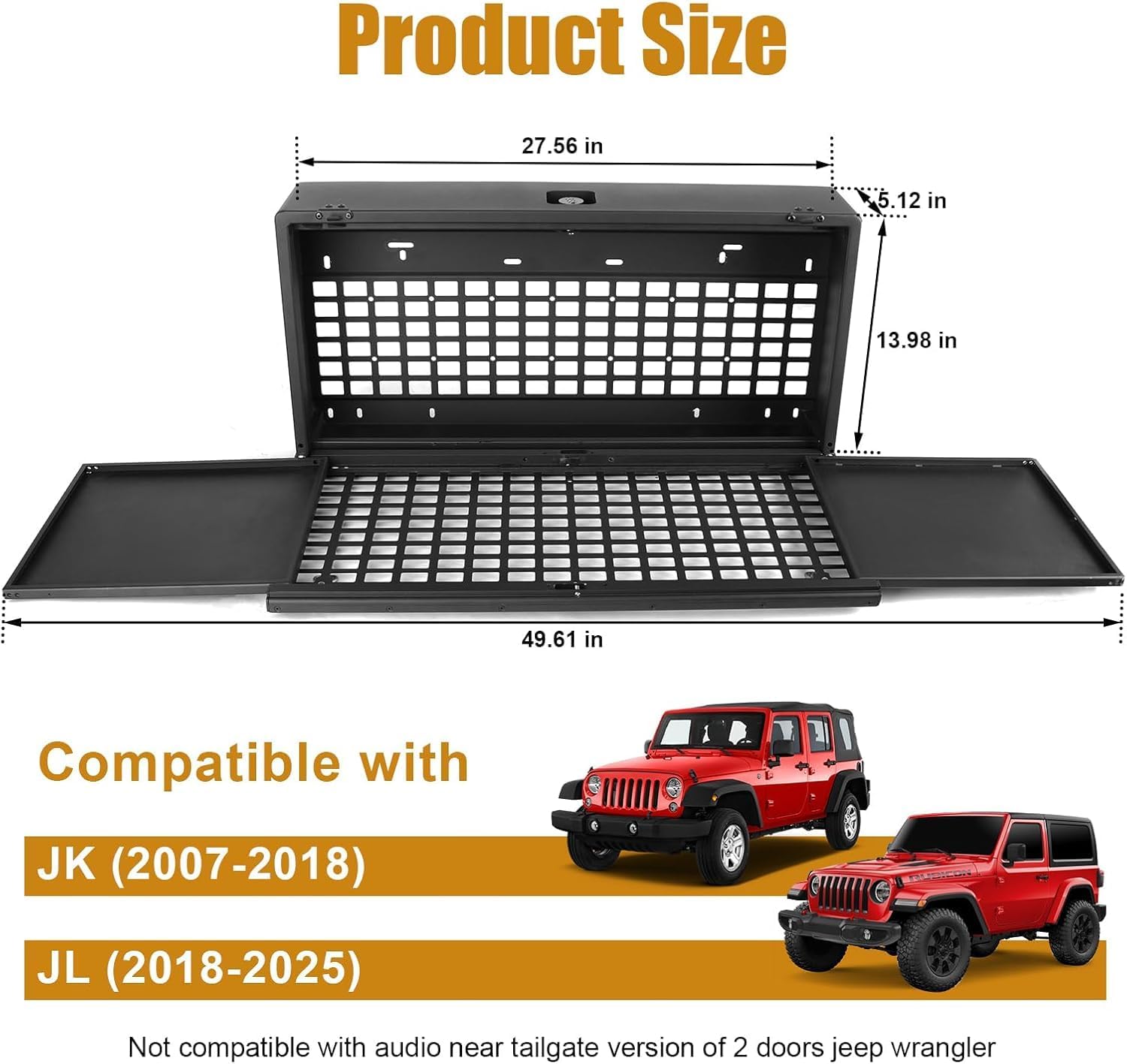 Product size diagram of a black tailgate storage box with grid-style interior, showing dimensions in inches and compatibility with red Jeep JK and JL vehicles on a white background.