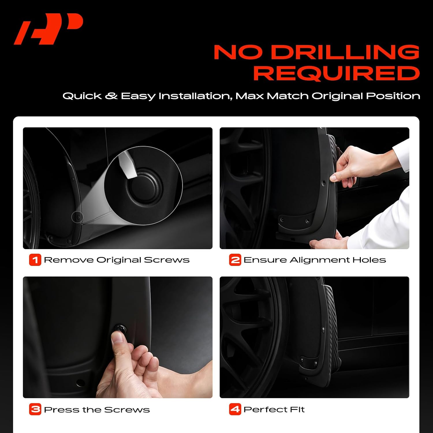 Installation guide graphic for a car wheel trim or mudguard accessory, showing four steps: remove original screws, ensure alignment holes, press the screws, and perfect fit. Features a black background with red text and an A-Premium logo.
