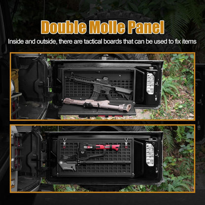 A product demonstration graphic showing a black double-molle tactical storage panel installed on the side of a vehicle trunk outdoors. The top panel is closed, while the bottom panel is open to show the interior grid-mesh storage compartments holding a rifle and other gear.