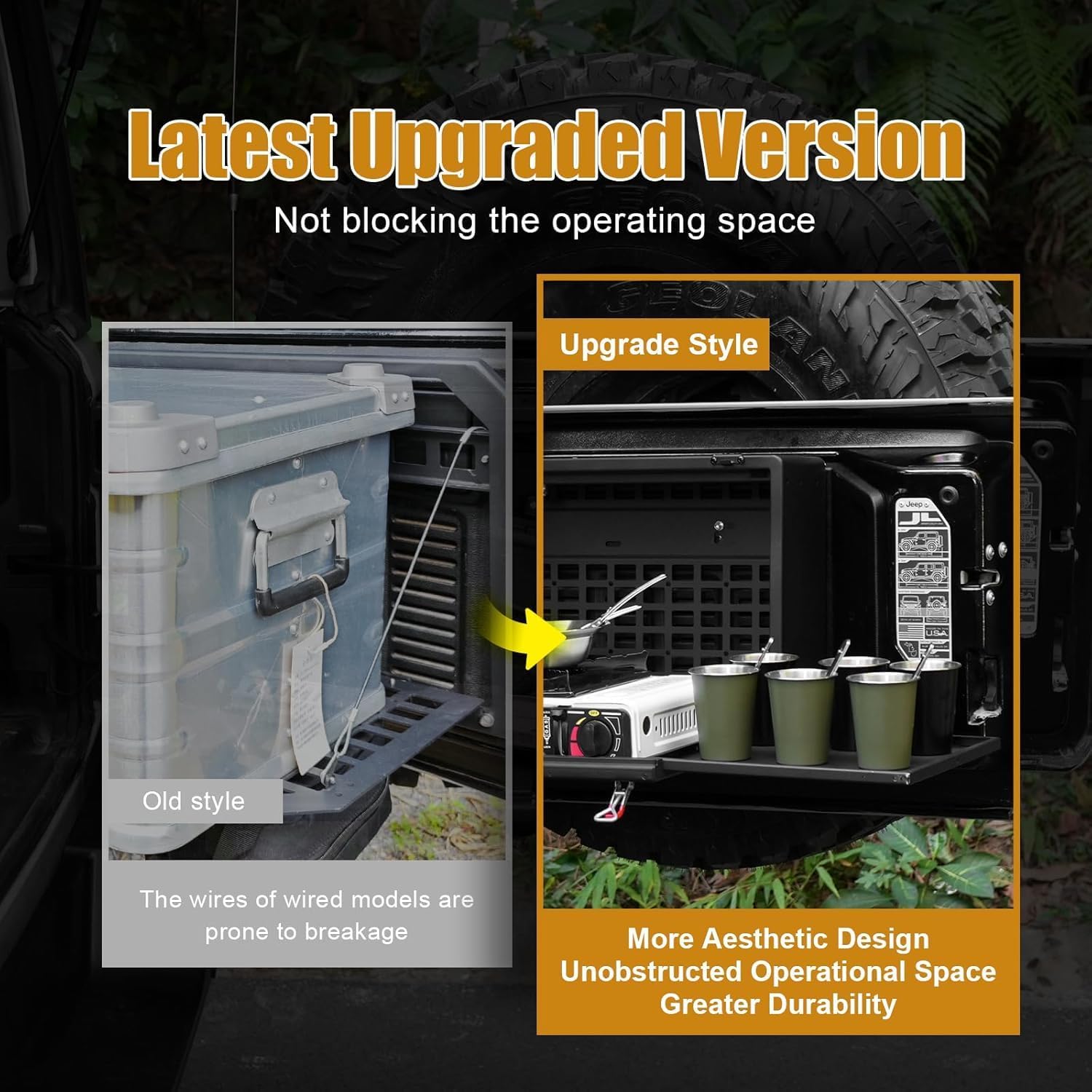 Promotional graphic showing a truck bed storage upgrade with a large translucent gray cooler on the left and an upgraded black storage compartment on the right with green cups and accessories. Text reads 'Latest Upgraded Version' and 'Not blocking the operating space,' with additional marketing copy about aesthetic design and operational space.