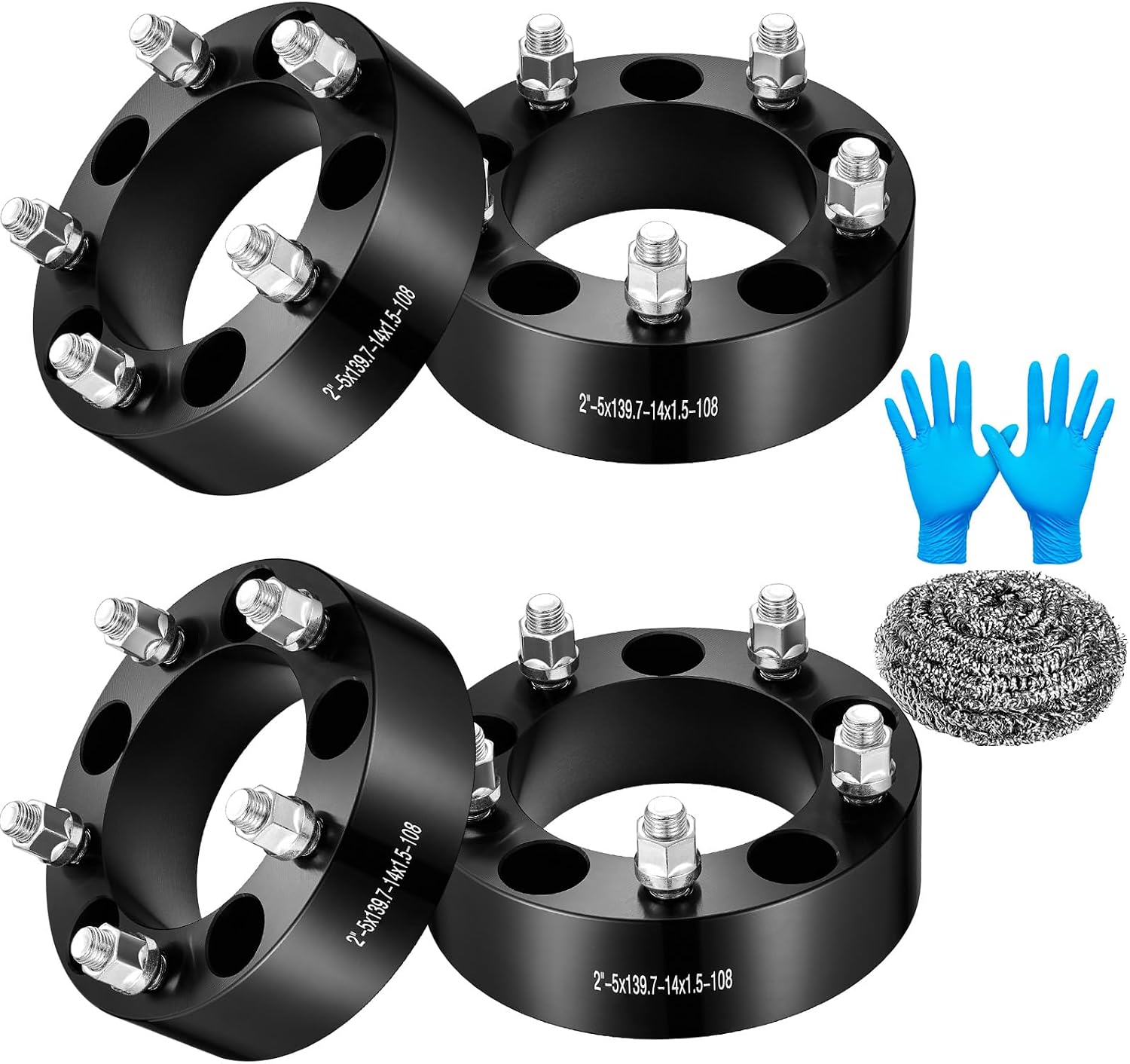 Four black wheel spacers with hardware, blue gloves, and cleaning tools on a white background
