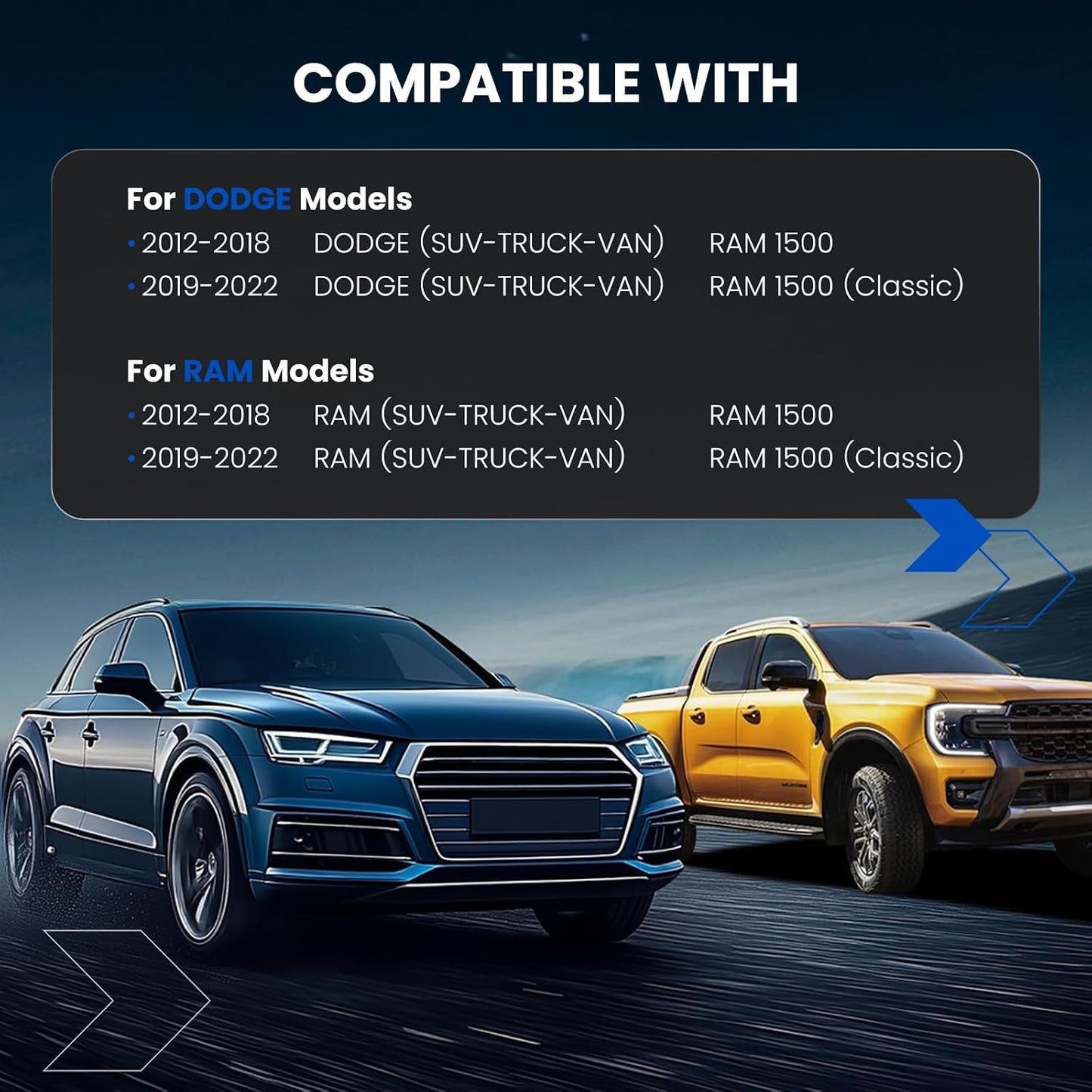 Compatibility graphic showing a blue SUV and a yellow pickup truck on a road with a dark overlay panel listing compatible Dodge RAM 1500 and Ram 1500 Classic models by year ranges.