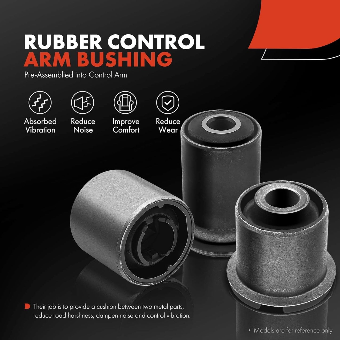 Rubber control arm bushing with features listed on a black background
