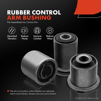 Rubber control arm bushing with features listed on a black background