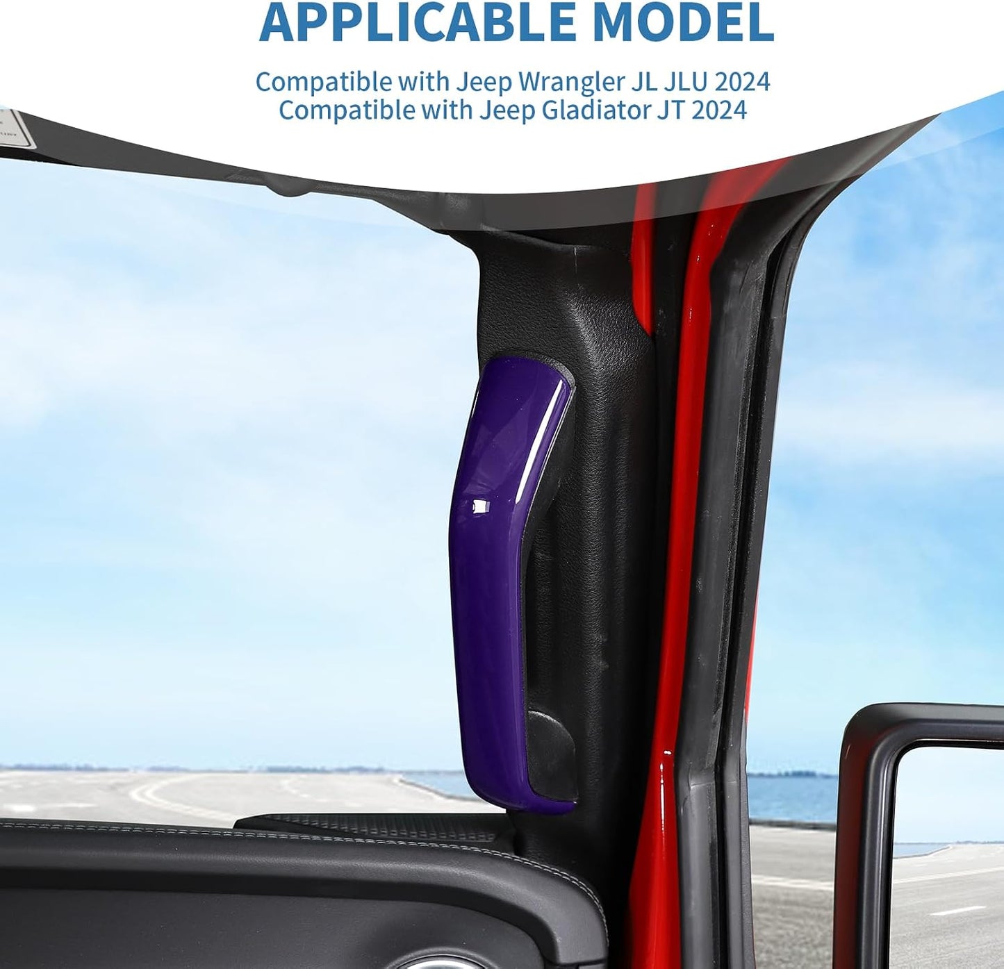 A purple plastic door handle trim piece installed on the interior door pillar of a vehicle, shown with a white overlay at the top stating 'APPLICABLE MODEL' and compatibility text for Jeep Wrangler JL, JLU 2024, and Jeep Gladiator JT 2024.