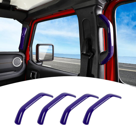 Four purple car door handle covers shown below, with an inset photo of a vehicle interior showing the handles installed on a red truck cab.