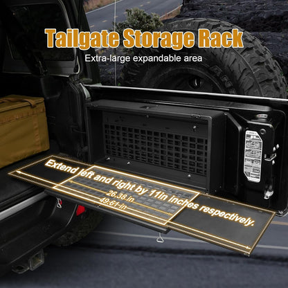 Tailgate storage rack installed in the open tailgate of a black pickup truck, with a fold-out mat extending left and right by 11 inches each side. Large text at the top reads 'Tailgate Storage Rack' and 'Extra-large expandable area.