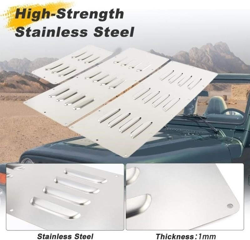 Three silver stainless steel ladder-style panels with horizontal cutouts, shown floating over a dark vehicle with a desert landscape background. Large text reads 'High-Strength Stainless Steel,' and two inset close-ups at the bottom label the material as stainless steel and note a thickness of 1mm.