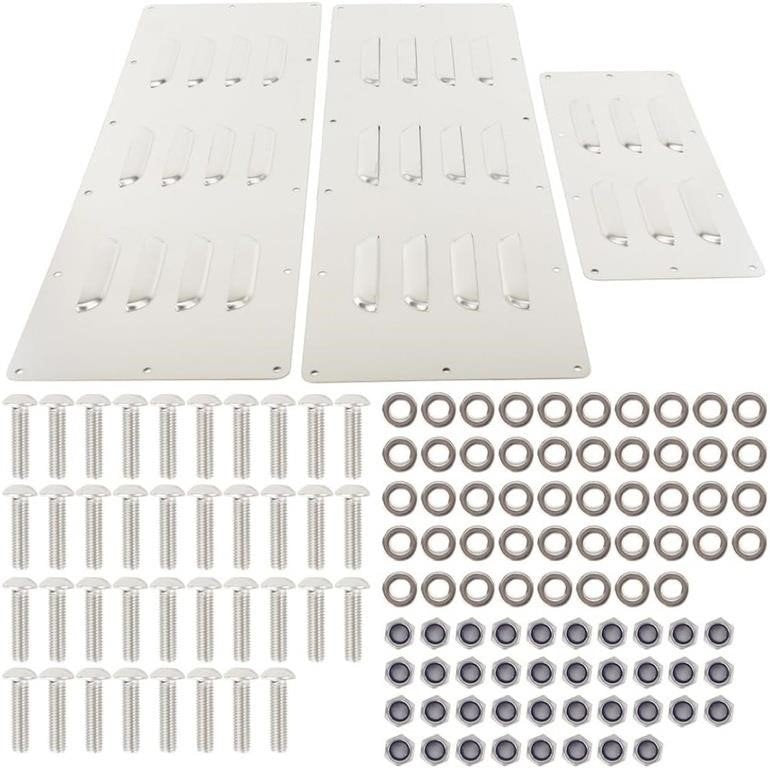 A hardware kit containing three rectangular silver metal mounting plates with recessed slots, accompanied by numerous matching silver screws, washers, and nuts arranged in rows on a white background.