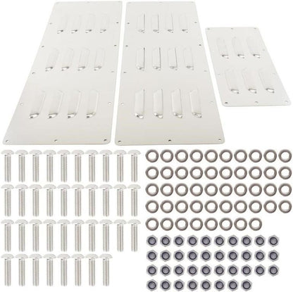 A hardware kit containing three rectangular silver metal mounting plates with recessed slots, accompanied by numerous matching silver screws, washers, and nuts arranged in rows on a white background.