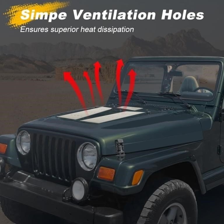 A dark green Jeep Wrangler shown from the front in a desert setting, with red arrows and text overlay explaining ventilation holes on the hood for heat dissipation.