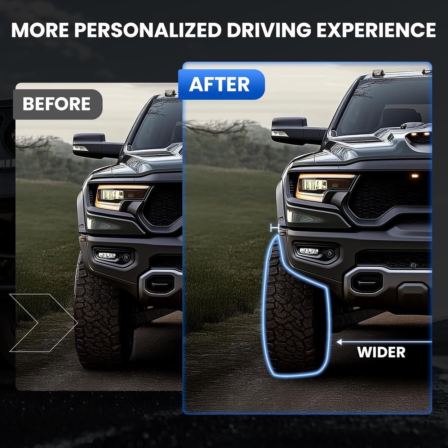 Before and after comparison of a vehicle's front end with widened tires.