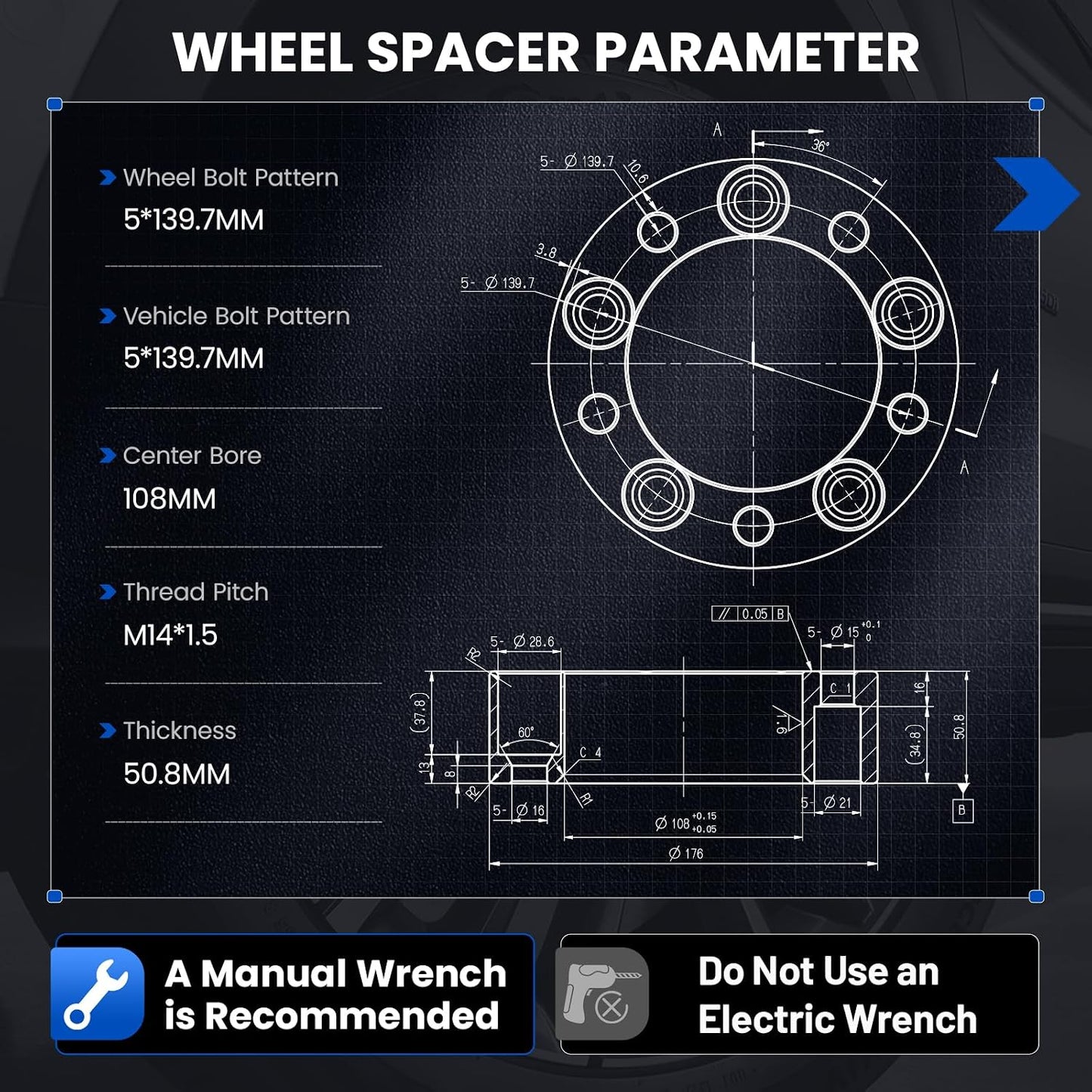 Technical specification chart for a wheel spacer, showing bolt pattern, vehicle bolt pattern, center bore, thread pitch, and thickness measurements with line drawings on a dark blueprint-style background.