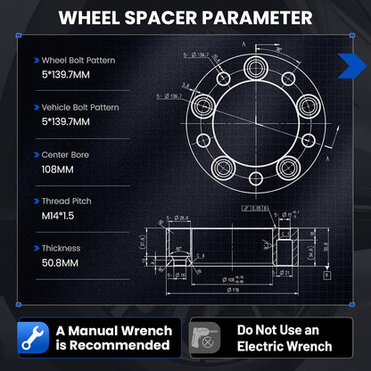 Technical specification chart for a wheel spacer, showing bolt pattern, vehicle bolt pattern, center bore, thread pitch, and thickness measurements with line drawings on a dark blueprint-style background.