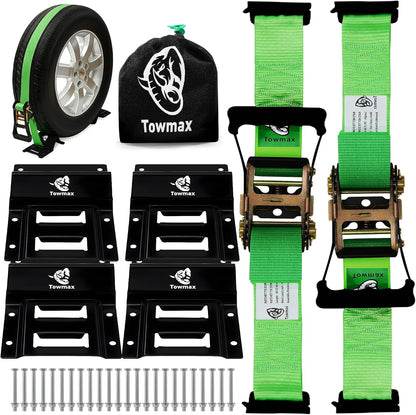 Towmax UTV Wheel Chock Tie-Down Kit, 2" x 8' E Track Ratchet Straps | 4,500lb Break Strength Heavy Duty Trailer Tire Straps System, Wheel Straps for UTV, SXS, ATV, Lawn Mower (2 Pack-Green)