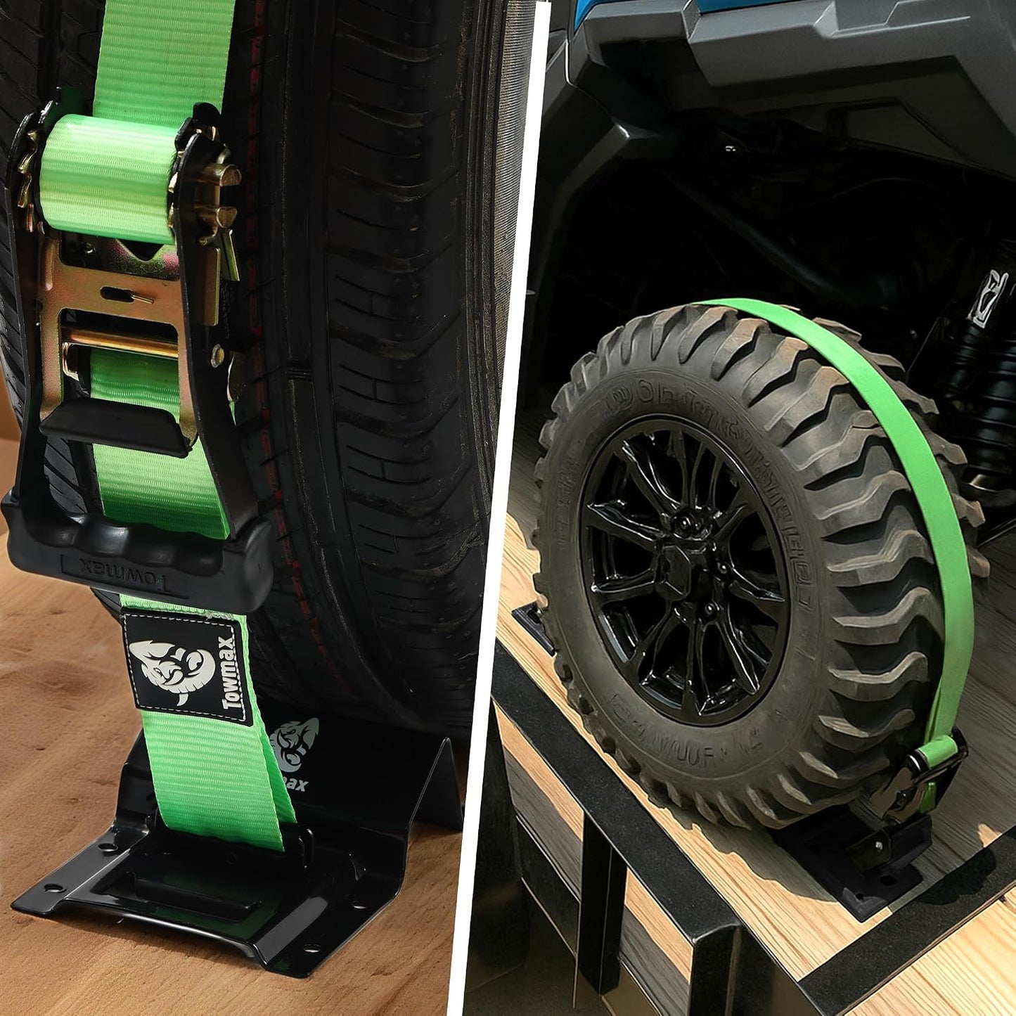 Towmax UTV Wheel Chock Tie-Down Kit, 2" x 8' E Track Ratchet Straps | 4,500lb Break Strength Heavy Duty Trailer Tire Straps System, Wheel Straps for UTV, SXS, ATV, Lawn Mower (2 Pack-Green)