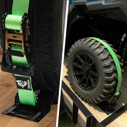 Towmax UTV Wheel Chock Tie-Down Kit, 2" x 8' E Track Ratchet Straps | 4,500lb Break Strength Heavy Duty Trailer Tire Straps System, Wheel Straps for UTV, SXS, ATV, Lawn Mower (2 Pack-Green)