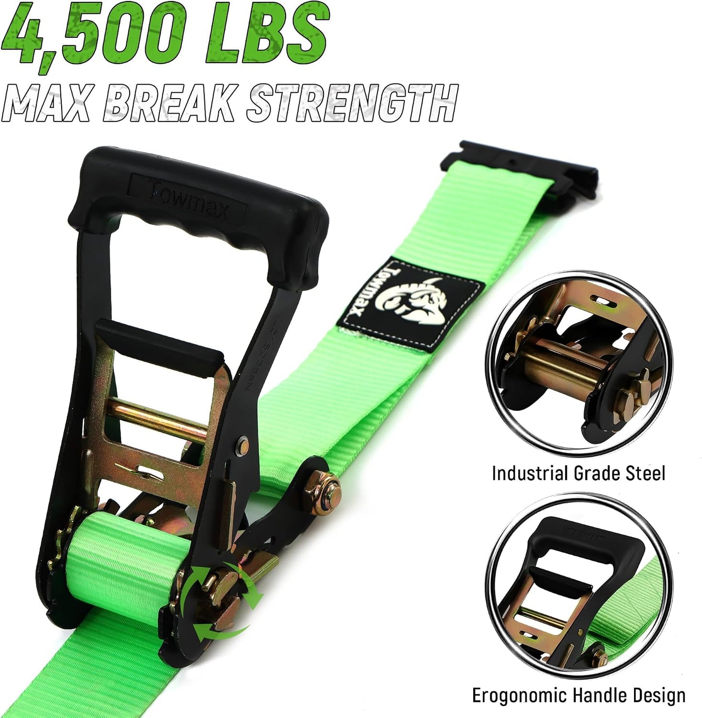 Towmax UTV Wheel Chock Tie-Down Kit, 2" x 8' E Track Ratchet Straps | 4,500lb Break Strength Heavy Duty Trailer Tire Straps System, Wheel Straps for UTV, SXS, ATV, Lawn Mower (2 Pack-Green)