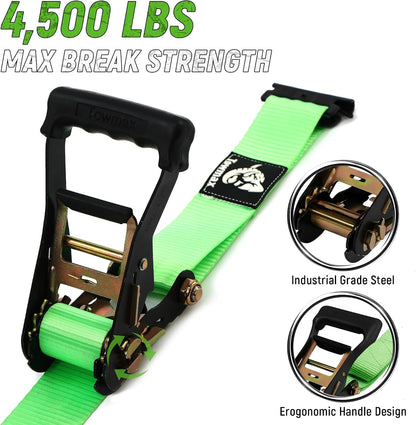 Towmax UTV Wheel Chock Tie-Down Kit, 2" x 8' E Track Ratchet Straps | 4,500lb Break Strength Heavy Duty Trailer Tire Straps System, Wheel Straps for UTV, SXS, ATV, Lawn Mower (2 Pack-Green)