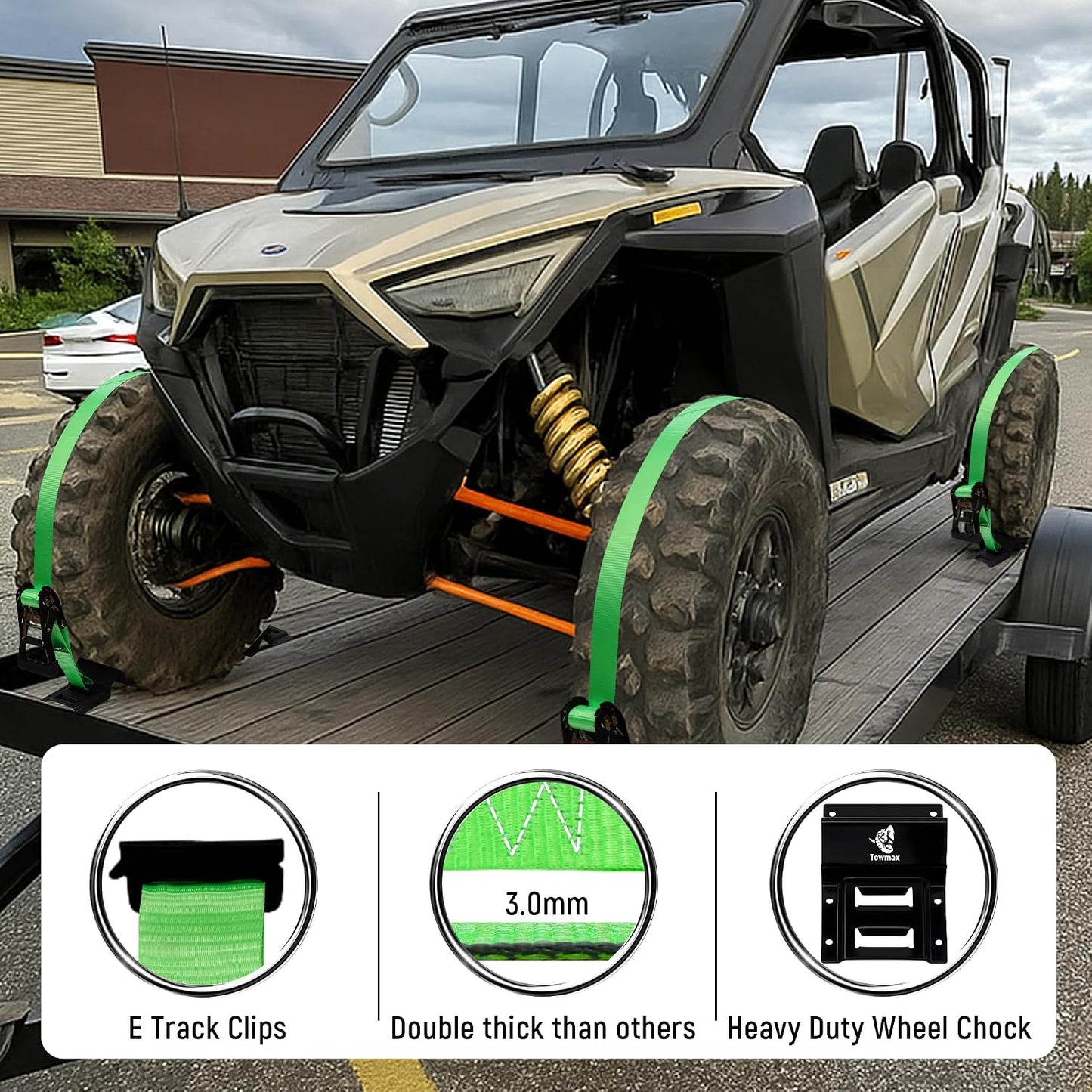 Towmax UTV Wheel Chock Tie-Down Kit, 2" x 8' E Track Ratchet Straps | 4,500lb Break Strength Heavy Duty Trailer Tire Straps System, Wheel Straps for UTV, SXS, ATV, Lawn Mower (2 Pack-Green)